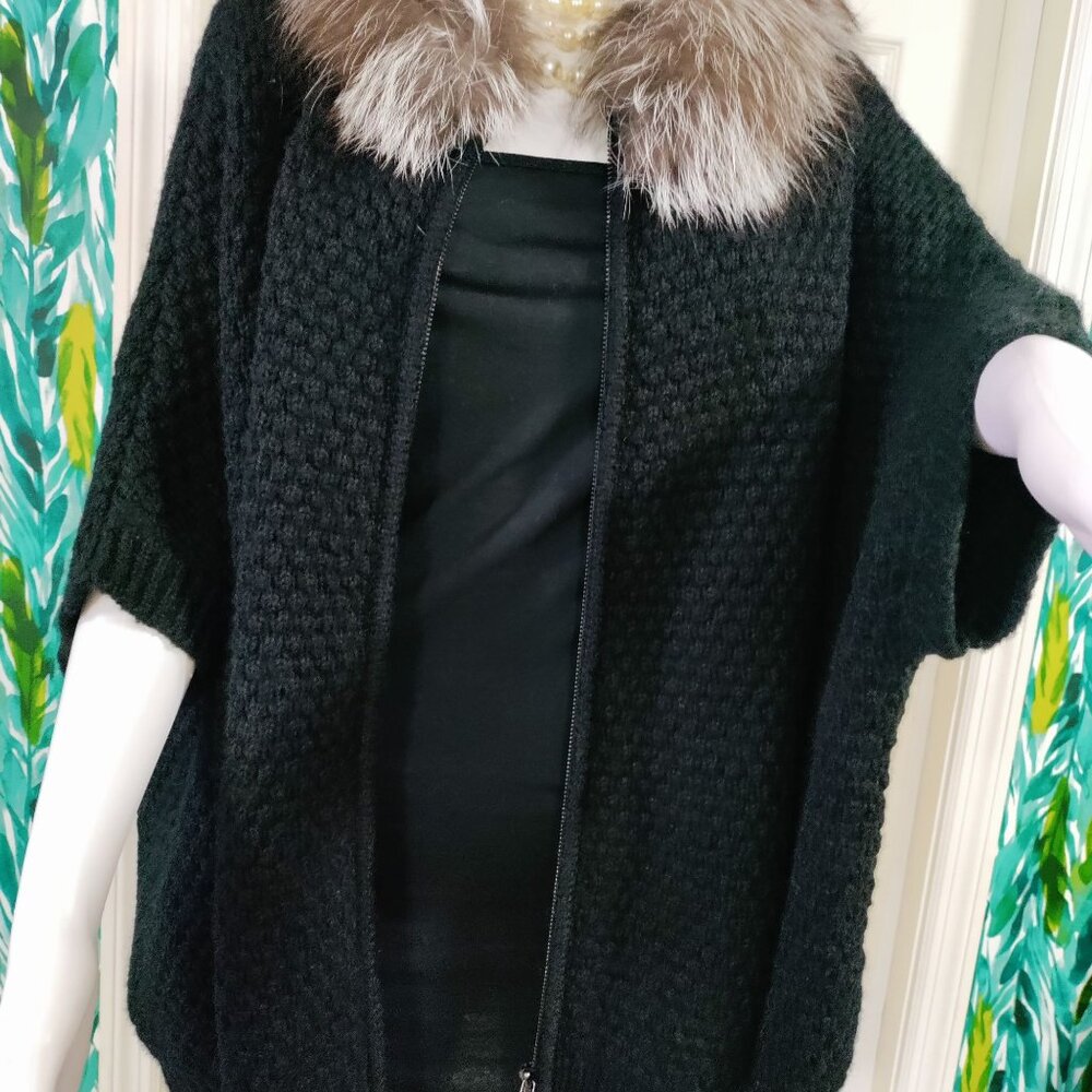 NWT Adrienne Landau Black Real Fox Fur Collar Zipper Closure Knit Poncho OS - Picture 16 of 16